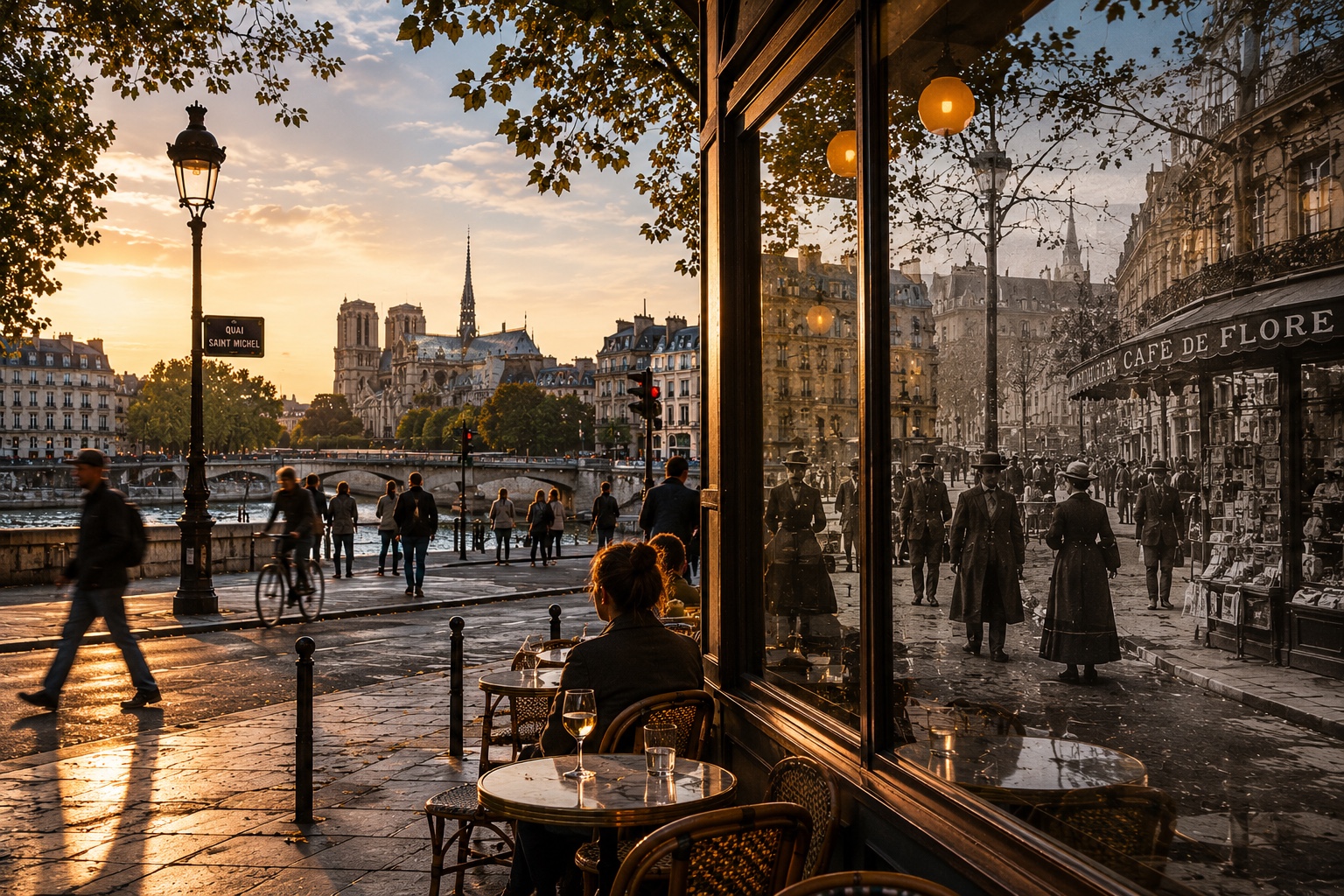 A modern street scene with a subtle historical reflection layered into the window.